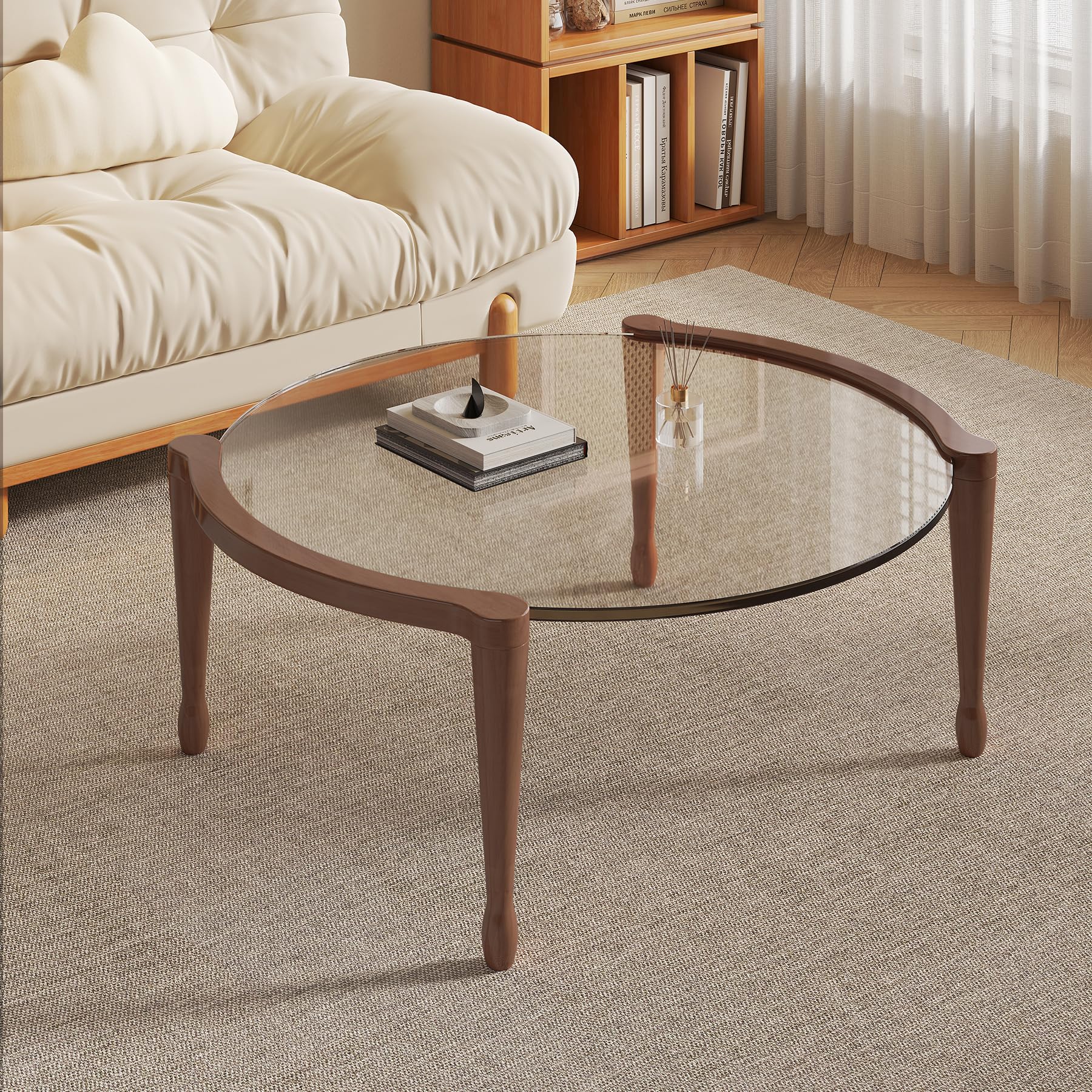 31.5" Round Glass Mid Century Modern Coffee Table with Wood Legs-Circle Tempered Glass Top Center Table, Unique Contemporary Center Table for Small Space