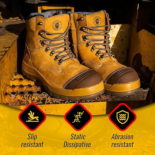 Miniatura 5 de ROCKROOSTER Botas de trabajo para hombre, 7 pulgadas, punta de acero, cremallera lateral, zapatos de cuero aceitado de seguridad antideslizantes,