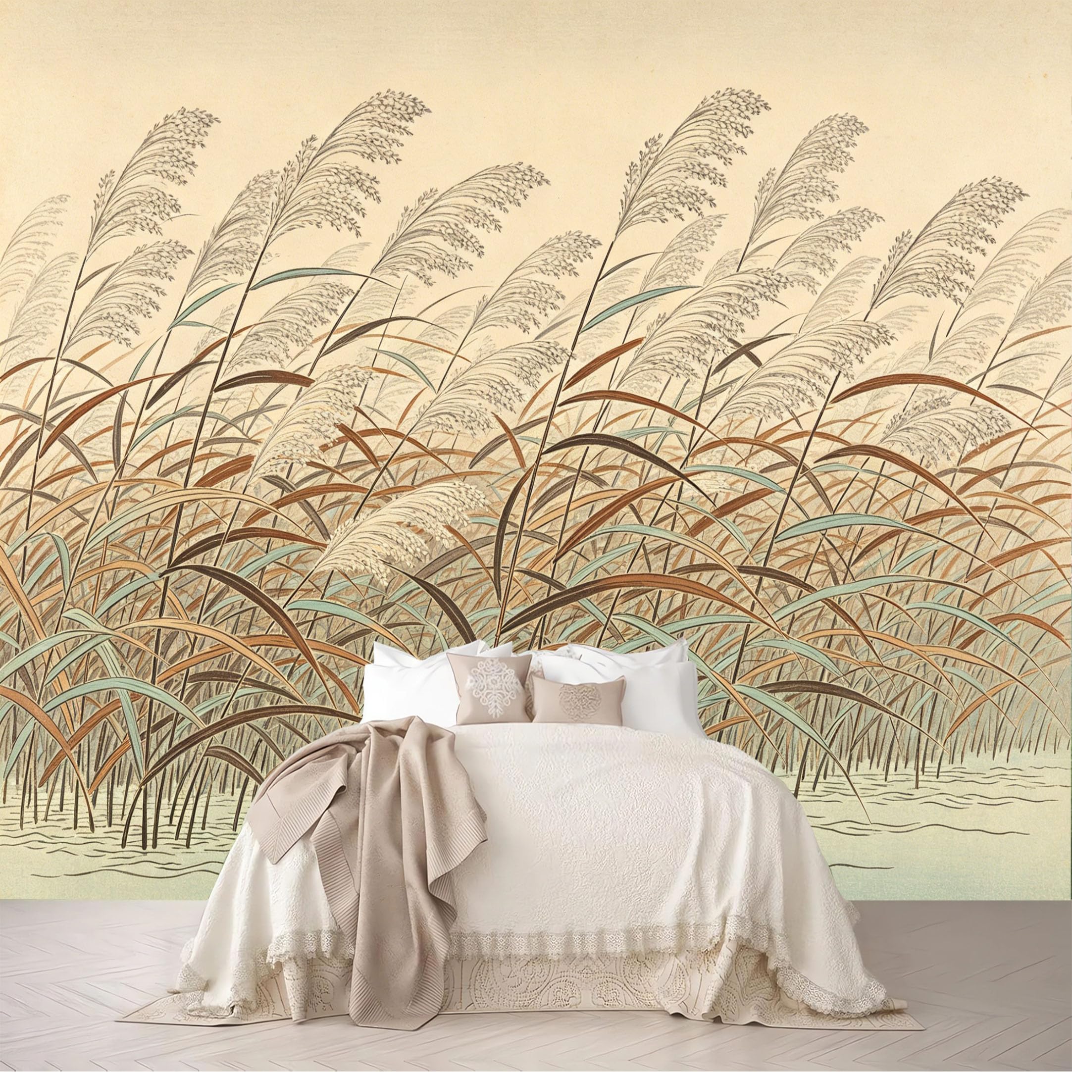 Dskjoviality Ab260706119 Custom Size Wall Murals Lakeside Reed Grass Vintage Woodblock Print Removable Self-Adhesive For Bedroom Living Room Dining Room