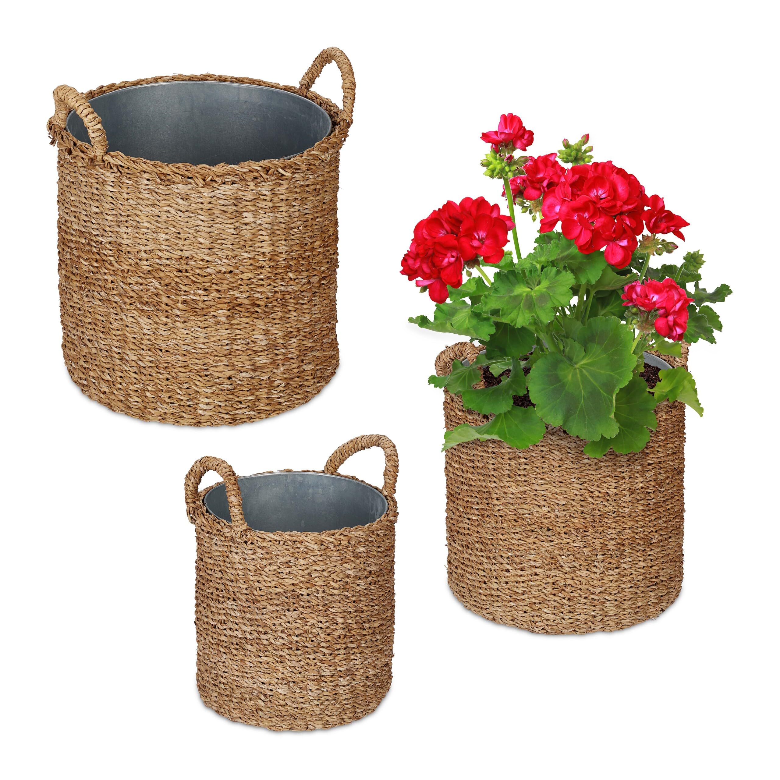 Relaxdays Pot de Fleur Rond, Lot de 3, en zostère, Panier pour Herbes, Plantes et Fleurs, Jardin, Balcon, Nature