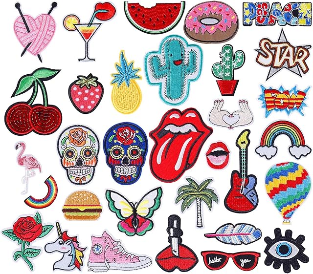 Iron on Patches 32 Pcs Stickers Cute DIY Clothes Patches Embroidery Applique for Sewing or Iron-on for T-Shirt Jean Clothes Bag Jacket, Backpack and Shoe