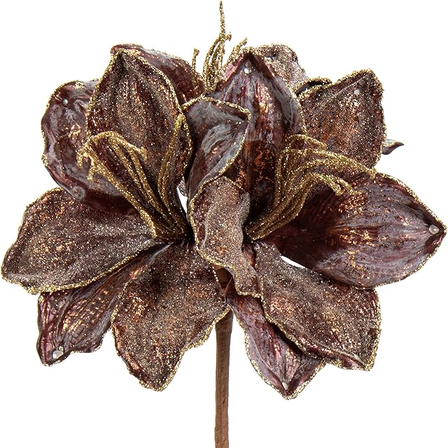 Oairse 3PCS Large Christmas Glitter Poinsettia Flowers 3 Heads Artificial Clivia Flower Picks 64cm Long Stem Brown Xmas Ornaments for Christmas Tree Decorations Flora Arrangement Table Centerpiece