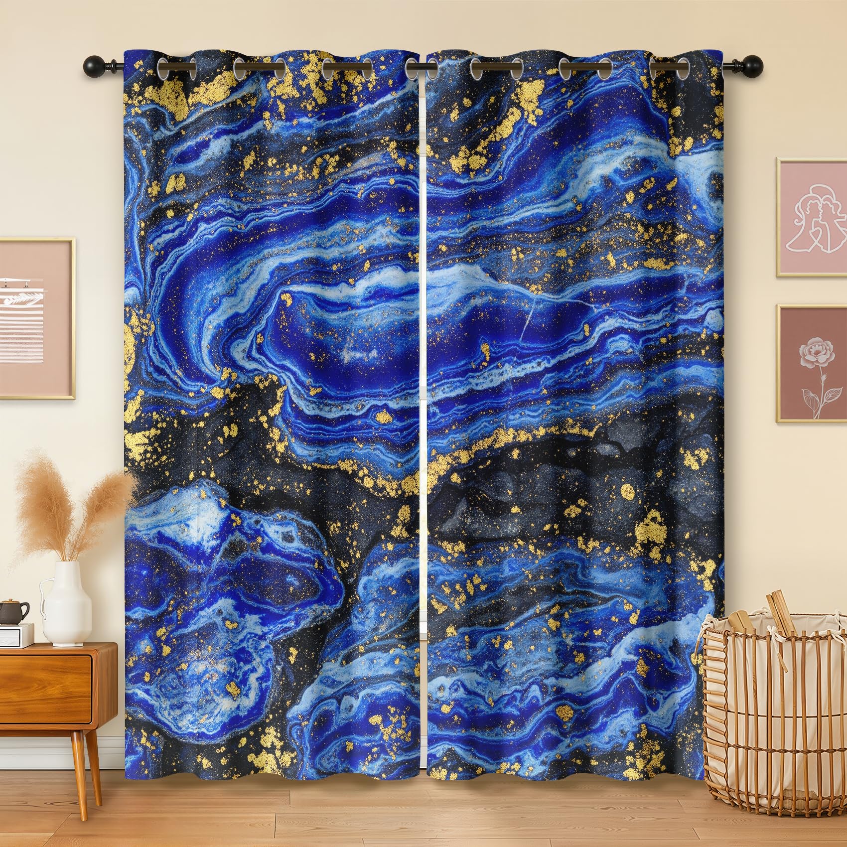 Havenix Royal Blue and Gold Marble Blackout Curtains for Bedroom Living Room, Eyelet Curtains 46x72, Thermal Insulated Drapes for Windows, Modern Abstract Luxury Patterned Window Treatments, 2 Panels — image 1