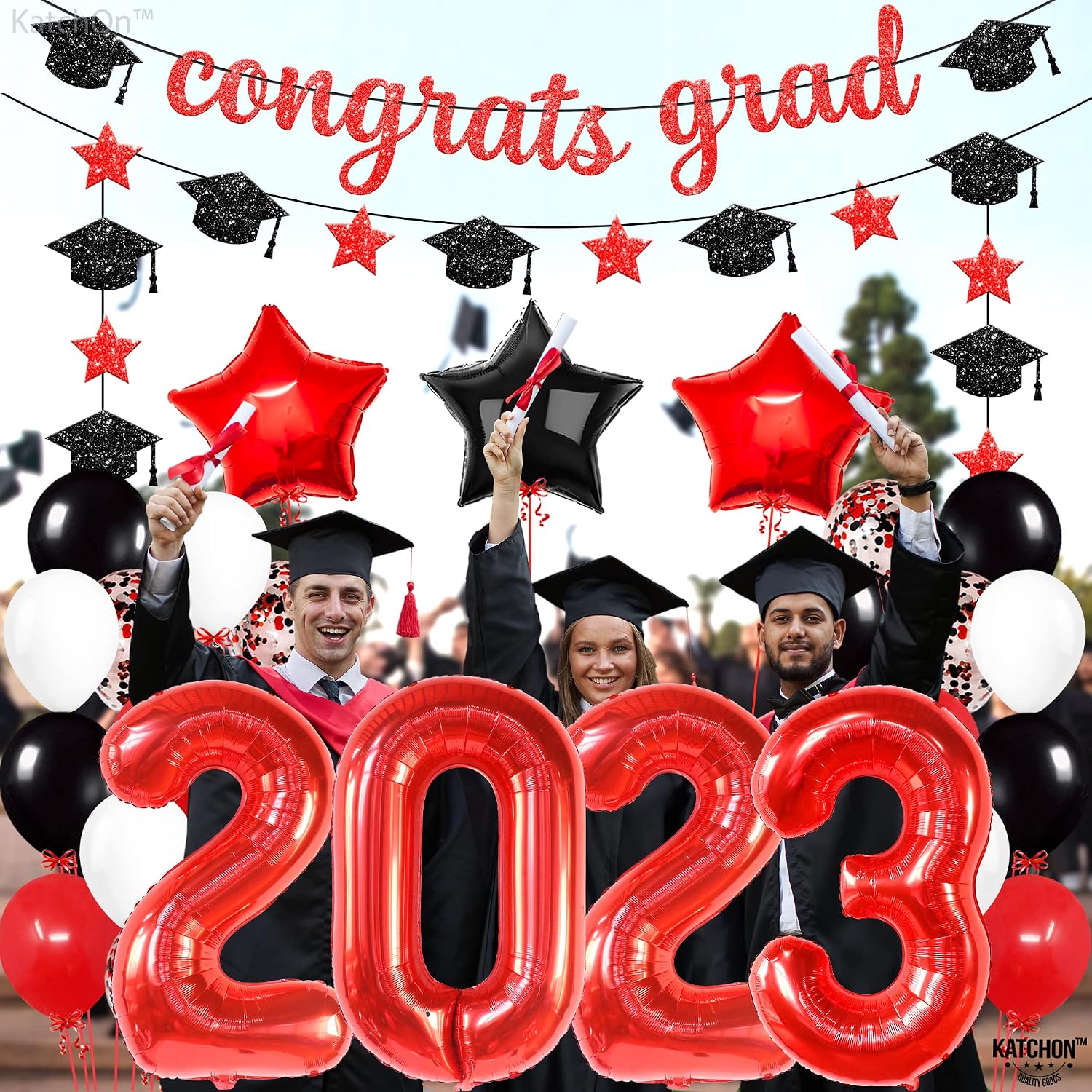 KatchOn, Red and Black Graduation Decorations 2023 Set - 40 Inch, Pack Of 42 | Red 2023 Balloons, Congrats Grad Banner for Red Graduation Party Decorations 2023 | Graduation Decorations Class of 2023