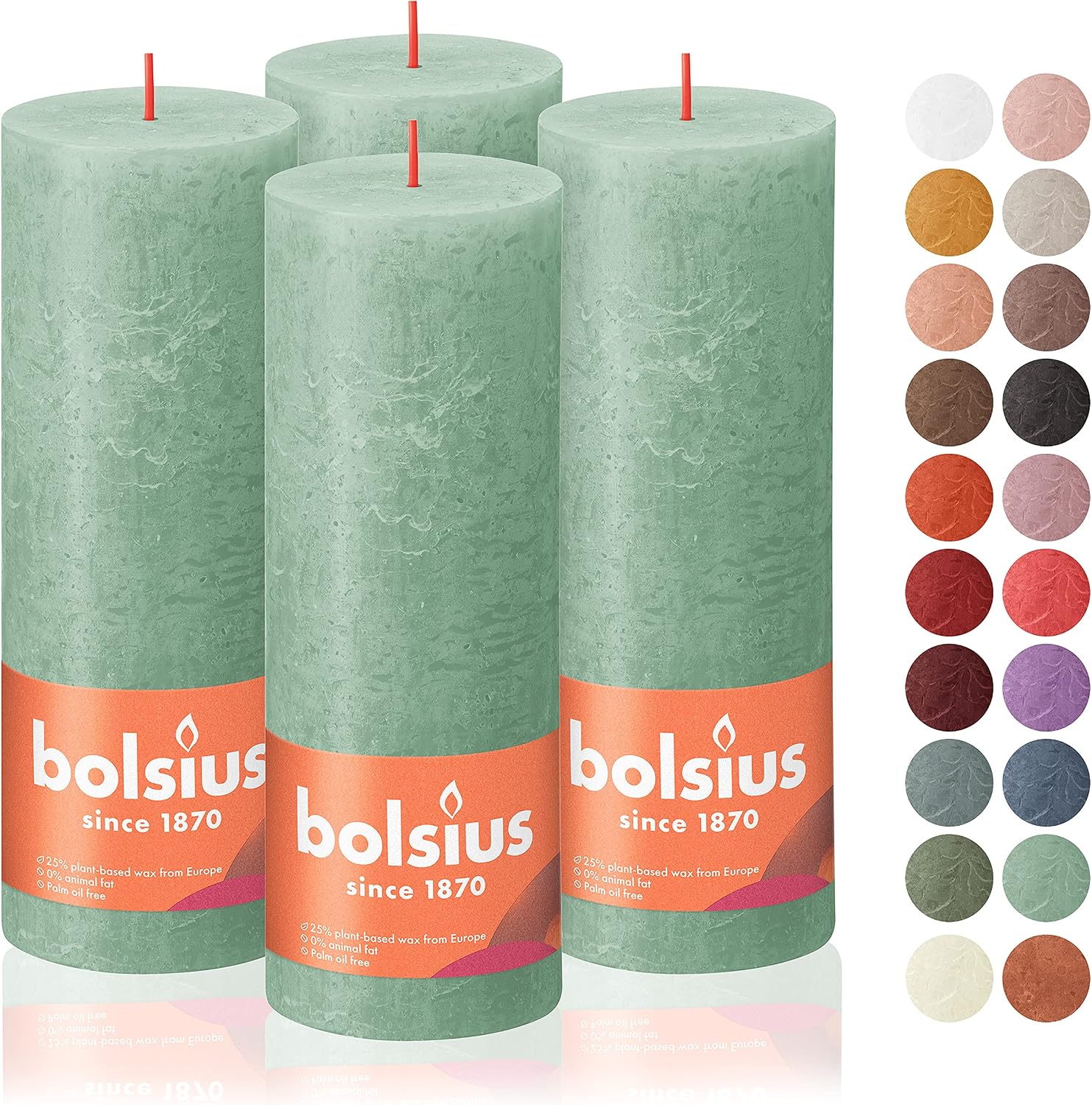 BOLSIUS 4 Pack Sage Green Rustic Pillar Candles - 2.75 X 7.5 Inches - Premium European Quality - Natural Eco-Friendly Plant-Based Wax - Unscented Dripless Smokeless 85 Hour Party Décor Candles