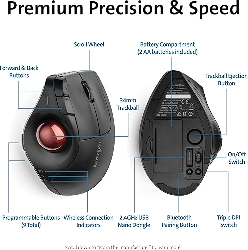 Miniatura 4 de Kensington Pro Fit Ergo - Trackball inalámbrico vertical (K75326WW), negro, 3" x 4" x 6.1"