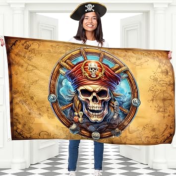 Pirate Flag Jolly Roger Flag with Pirate Map - 100Den polyester - Double Seam - 2 brass eyelets, large 5ft x 3ft
