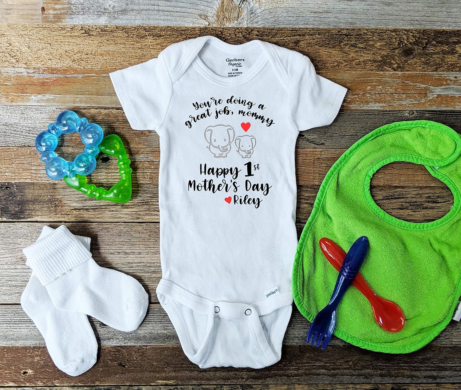 Personalized First Mother's Day Onesie, Gift for Mom from Baby Son Daughter, Great Job Mommy Elephant Bodysuit image 3