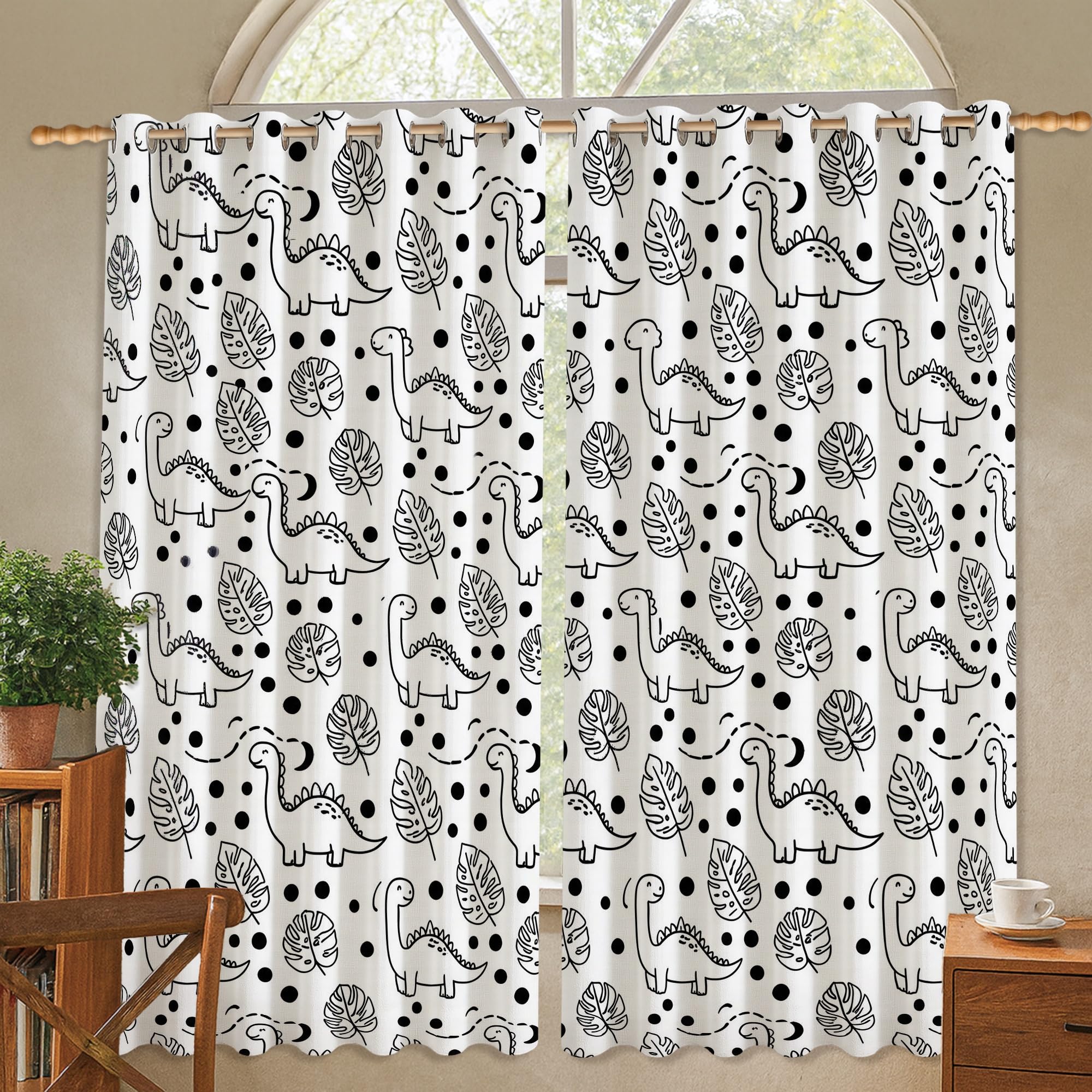 Rideaux occultants à isolation thermique pour salon, maison, bureau - Motif dinosaure - Motif à pois - 132 x 137 cm - Noir