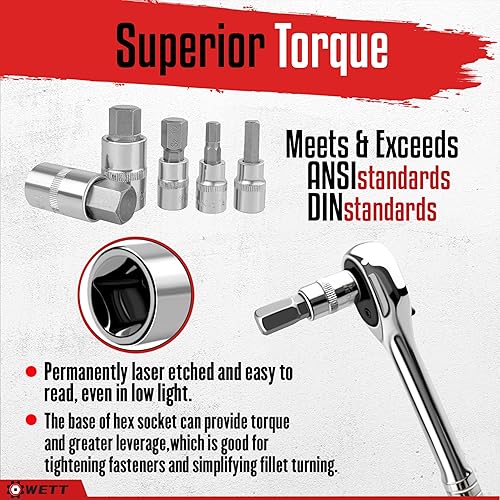 Miniatura 14 de WETT Master Torx - Juego de llaves de vaso Torx externas, 60 piezas de 1/4", 3/8", 1/2" de accionamiento E-Torx