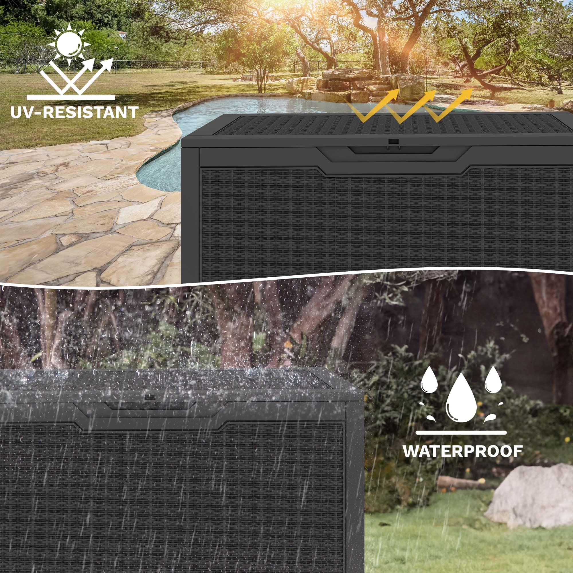 DWVO Scatola portaoggetti da giardino per esterni, 380 l, 115,4 x 55 x 58,3 cm, effetto rattan, contenitore in resina per cuscini, accessori da piscina, scarpe, impermeabile, bloccabile in modo sicuro