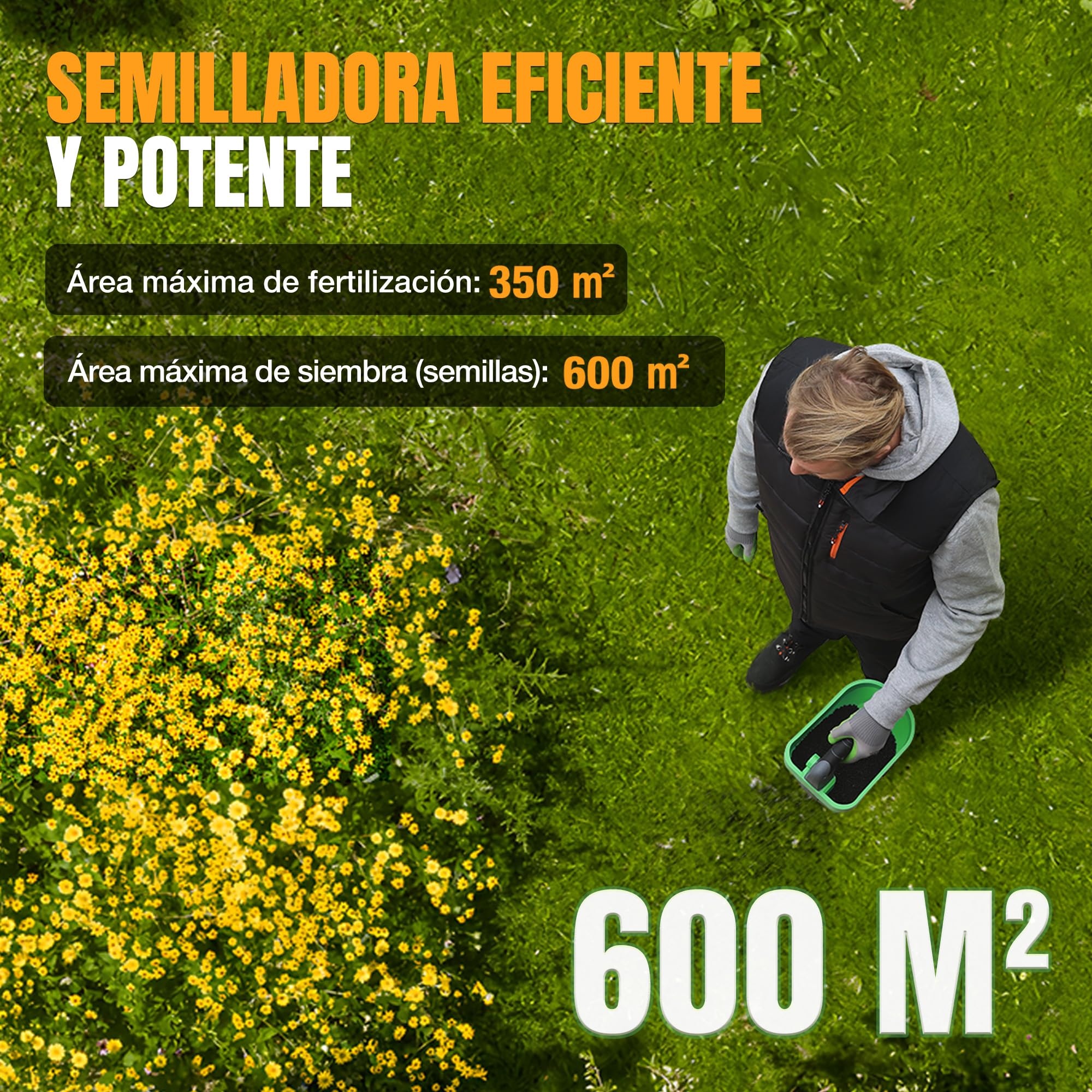 WORKPROX Sembradora Universal con batería Recargable 7,2 V, 8 Niveles de Flujo, 6 Velocidades y Ancho de Proyección Regulable, Esparcidor para Semillas de Césped, Fertilizantes y Sal Antihielo