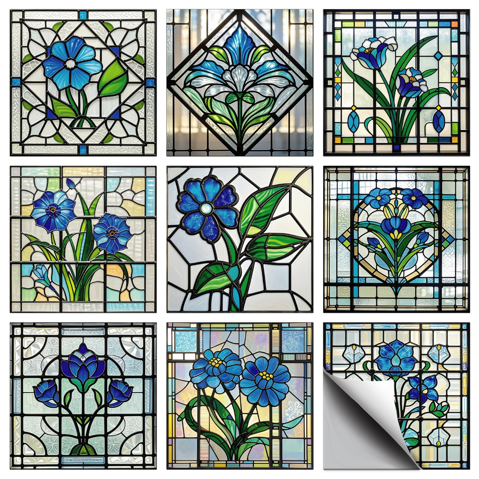 CHGCRAFT 36 Pcs 9 Style Wall Stickers Blue White Flowers Pattern Peel and Stick Wall Tile Sticker 3D Colored Glass Style Waterproof Self Adhesive Stick on Tile Decal for Kitchen Bathroom, 4×4 Inch