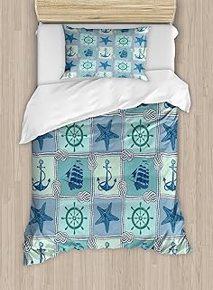 Ambesonne Ships Wheel Duvet Cover Set, Nautical Patchwork Pattern Rope Starfish Sailing Ship Anchor and Helm, Decorative 2 Piece Bedding Set with 1 Pillow Sham, Twin Size, Turquoise Blue