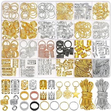 Jollidecor 259PCS Hair Jewelry Accessories for Women Braids, Hair Loc Wire Wrapped Adornment for Dreadlock, Hair Aluminum Beads Charms Gold Braids Ring Cuffs Clips with Pendants for Hair Decorations
