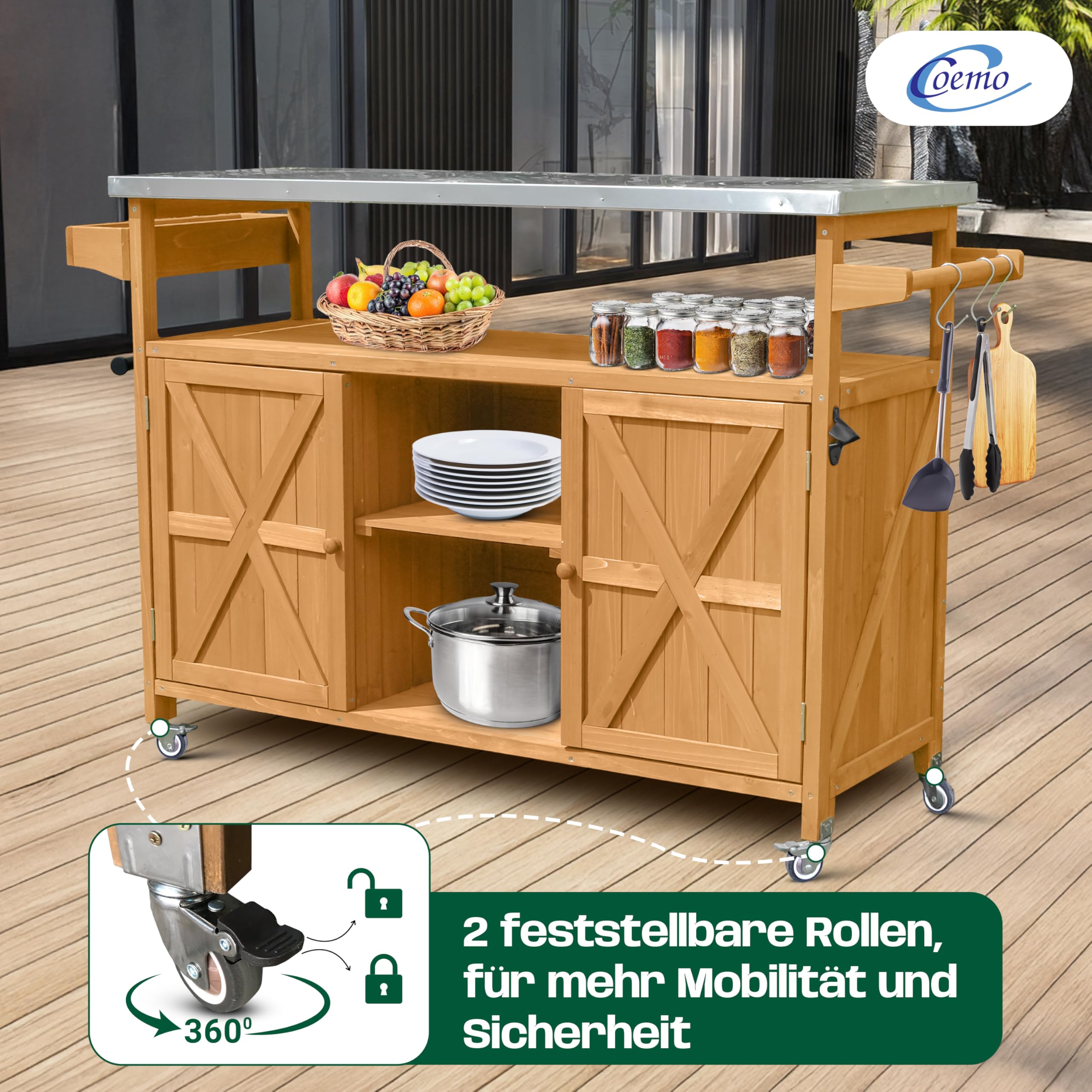 Coemo James - Carrito de cocina con ruedas (madera, tapa de acero inoxidable, isla de cocina con puertas, toallero, armario de cocina, con ruedas, 138 x 47 x 92 cm)