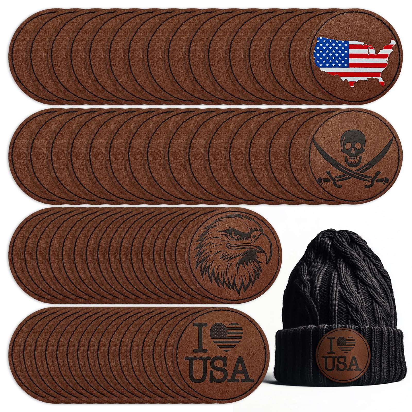 Harsgs 64PCS Blank Leatherette Hat Patches, Retangle Laserable Rustic Leatherette Patch with Adhesive for Heat Press/Transfer Iron-on, Round Deep