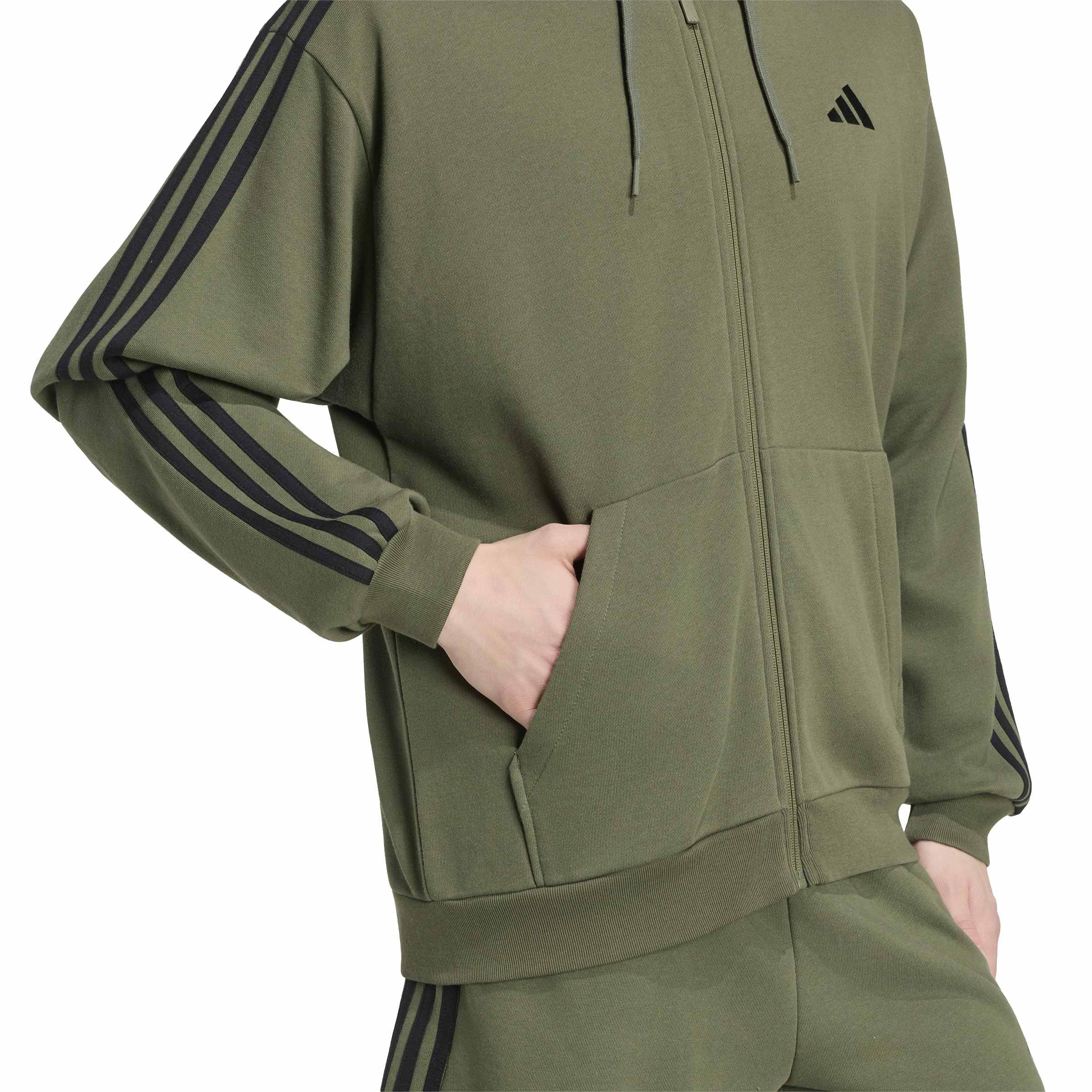 adidas Mezczyzni Essentials 3-Stripes French Terry Full-Zip Hoodie Sweatshirt, Olive Four/black, S
