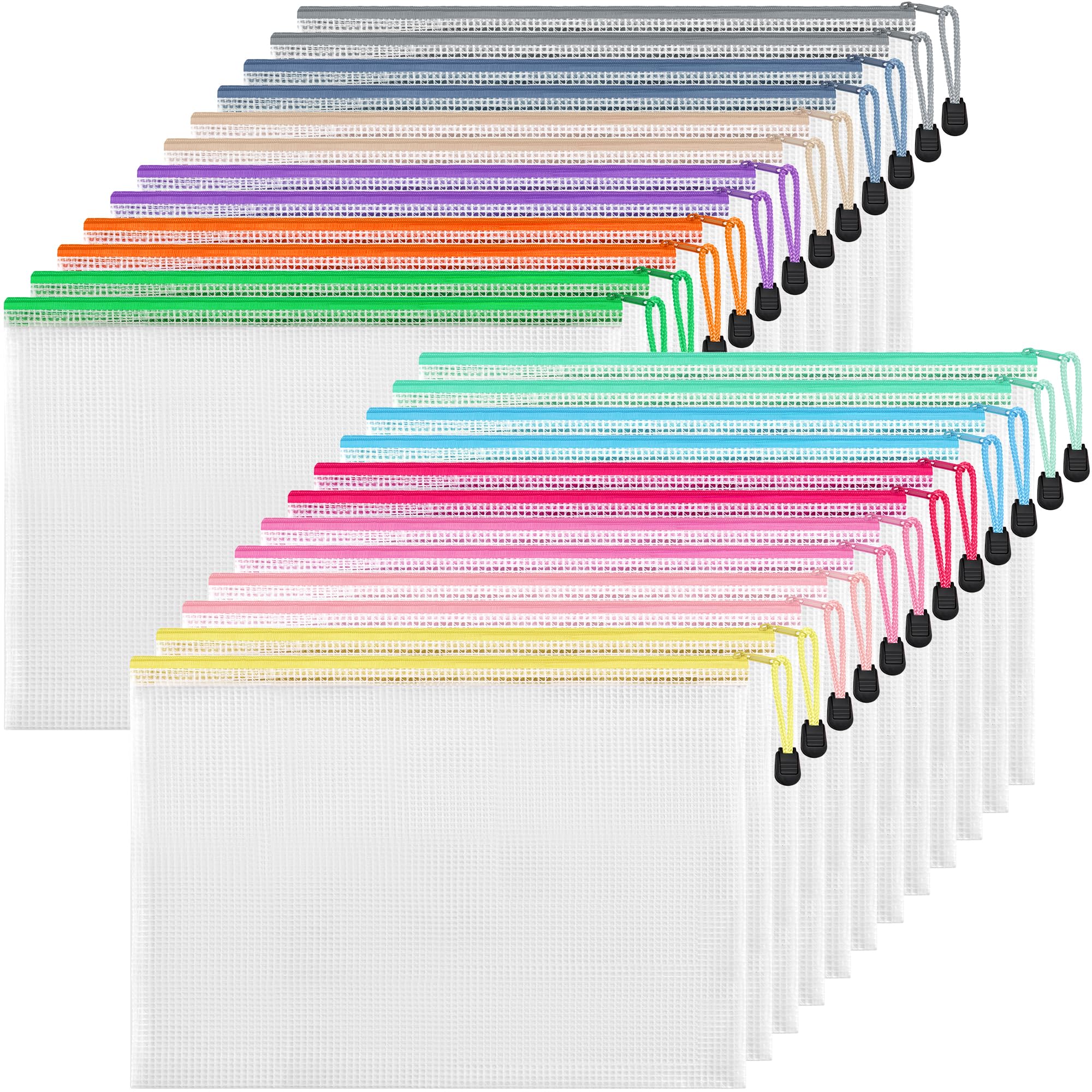 HEETA Plastic Wallets A4,24 Pack Strong Plastic Zip Bags Waterproof A4 Zip Wallets with Secure Zippers for Office School Home Travel Storage 12 Colors