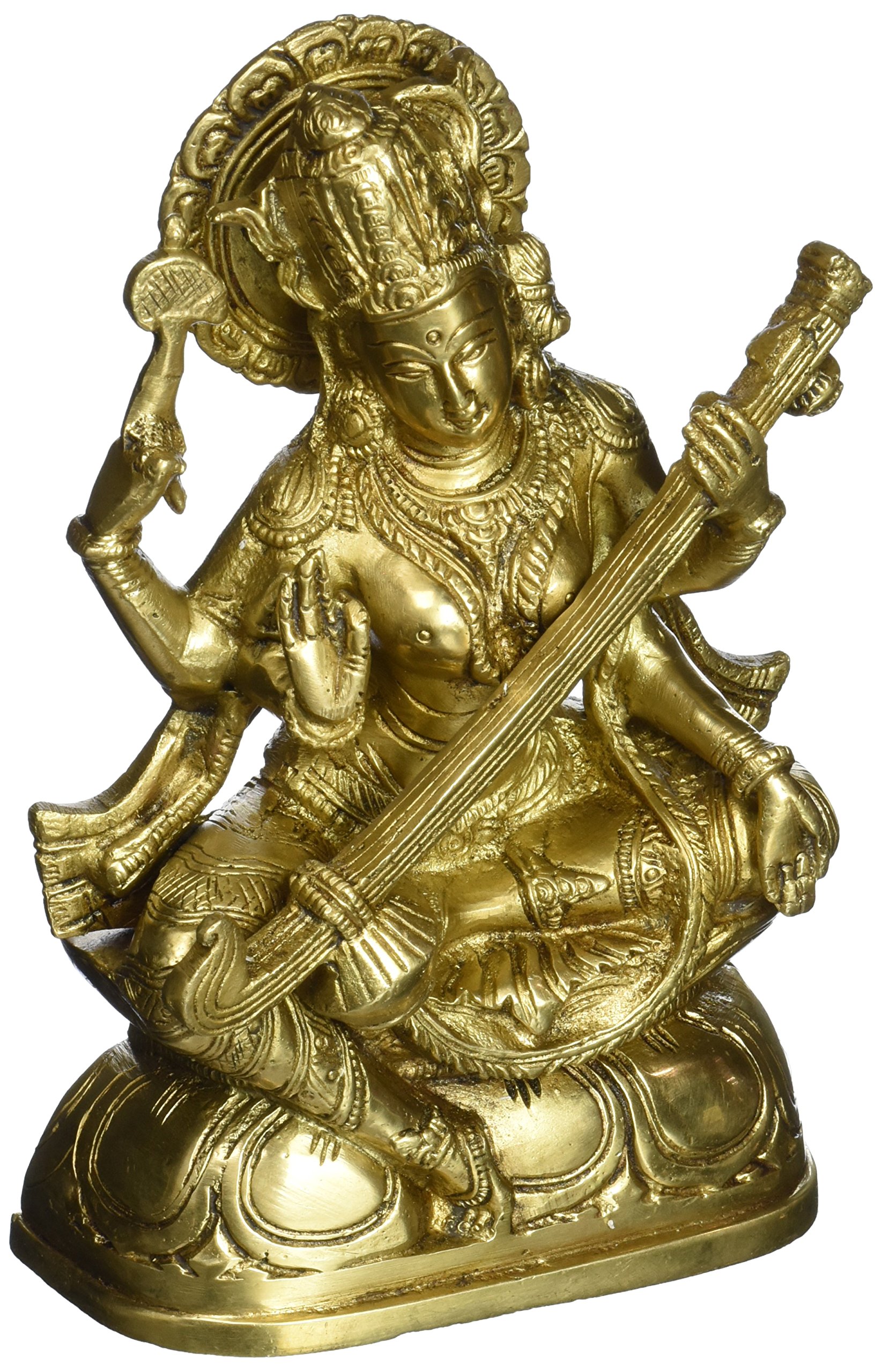 Gangesindia Goddess Saraswati with Veena Brass Statue (8.25" H x 5" W x 2" D) Gold