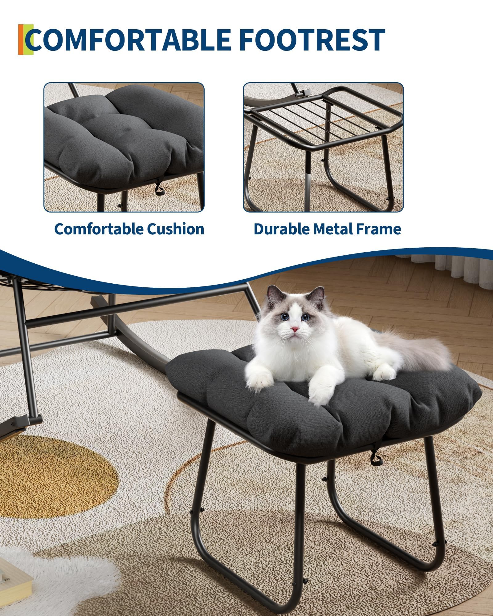 Sedia a dondolo esterno oversize forma uovo poggiapiedi - Seduta ergonomica tessuto grigio imbottitura spessa, struttura in metallo resistente alle intemperie, moderna sedia giardino giardino