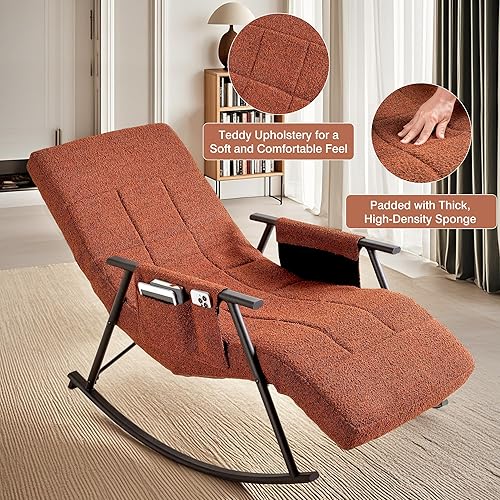 Miniatura 7 de VECELO Mecedora de respaldo alto con reposapiés, mecedora reclinable tapizada de peluche, cómodo sillón acolchado, bolsillos laterales extraíbles