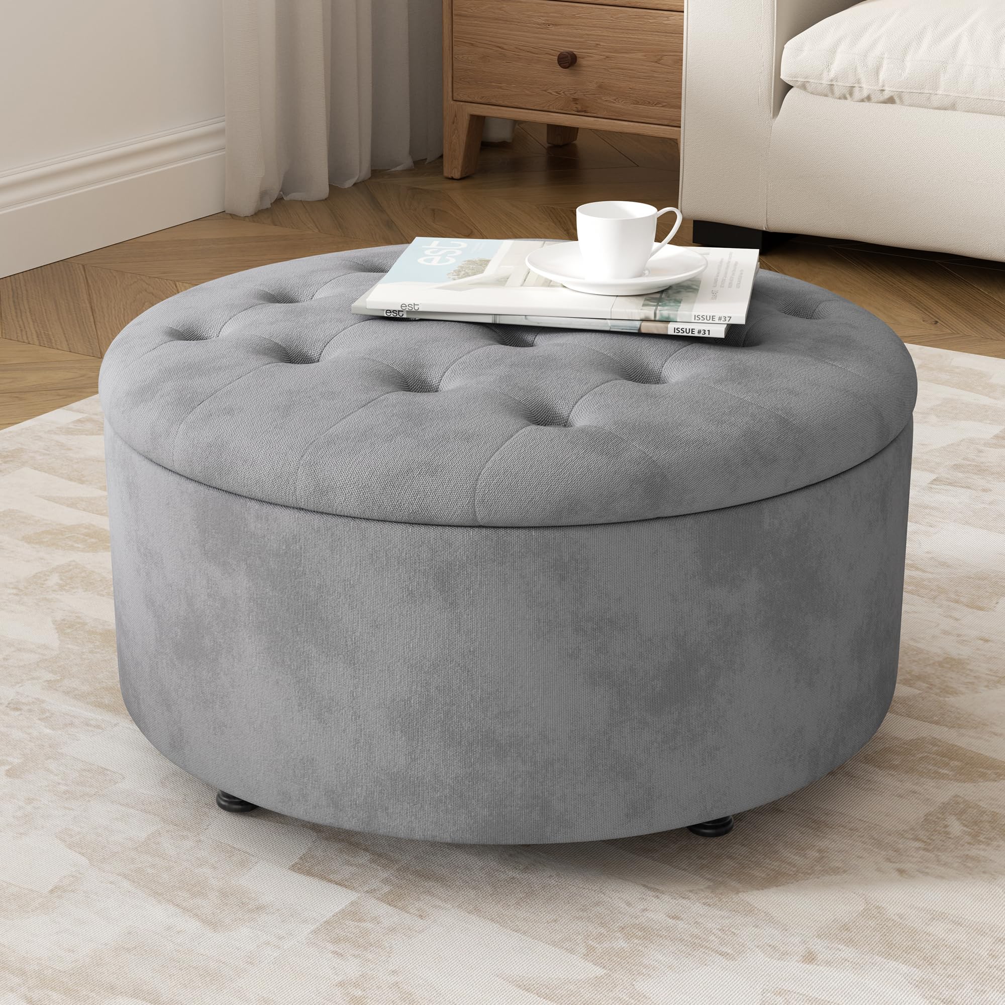 30-Inch Round Storage Ottoman, Button Tufted Ottoman Coffee Table With Removable Top For Living Room Bedroom Office Black