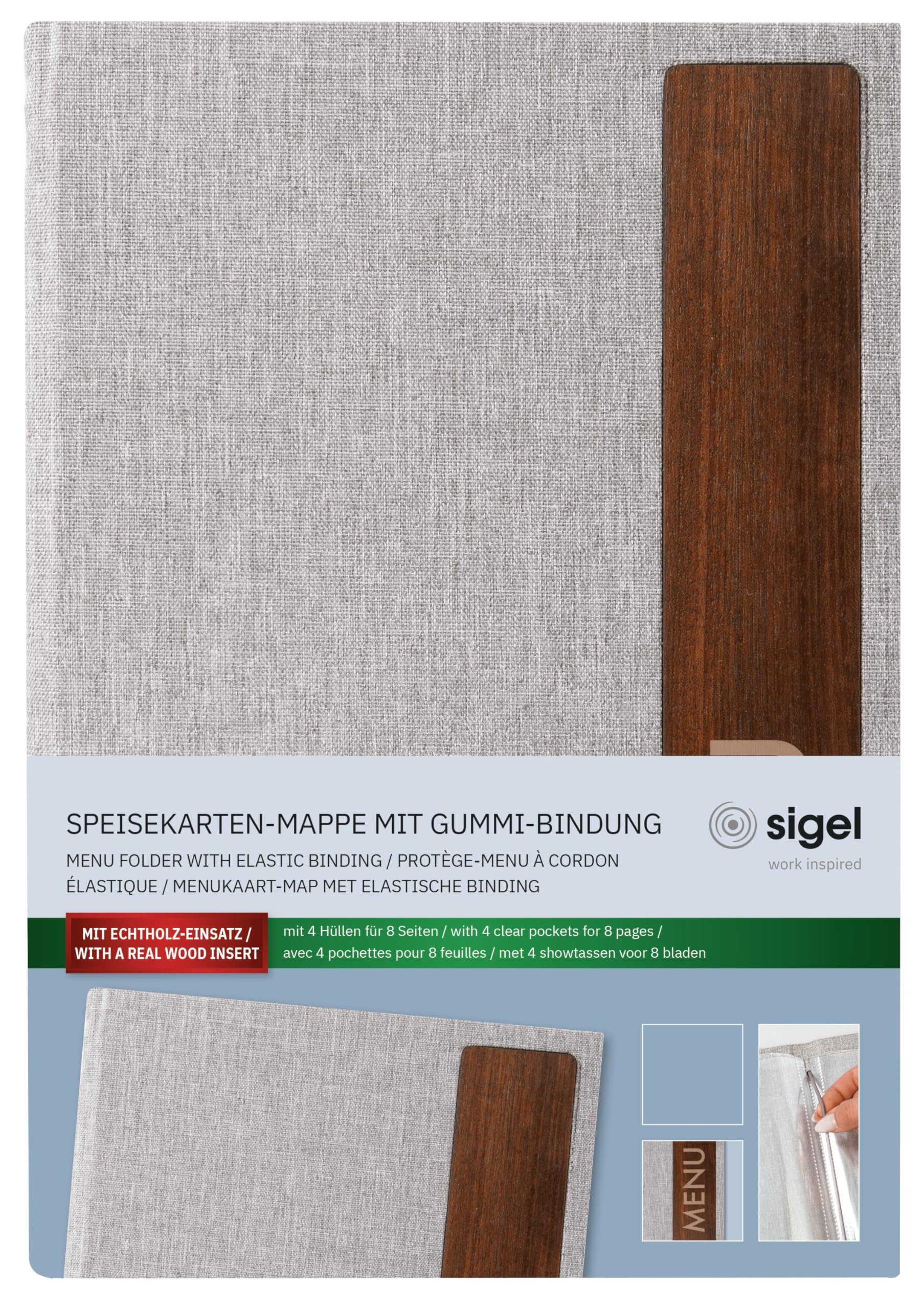 SIGEL SM223/5 Porta-menú - 5 unidades - incl. 2 fundas transparentes dobles para 8 páginas - encuadernación elástica - A5 - gris claro/marrón