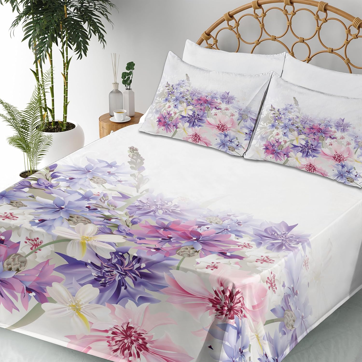 Ambesonne Lavender Sheet Set, Pastel Cornflowers Bridal Classic Design Gentle Floral Print Wedding Design, Fitted and Flat Sheet with Pillowcases Bedding Accent 4 Piece Set, Queen, Violet White Pink