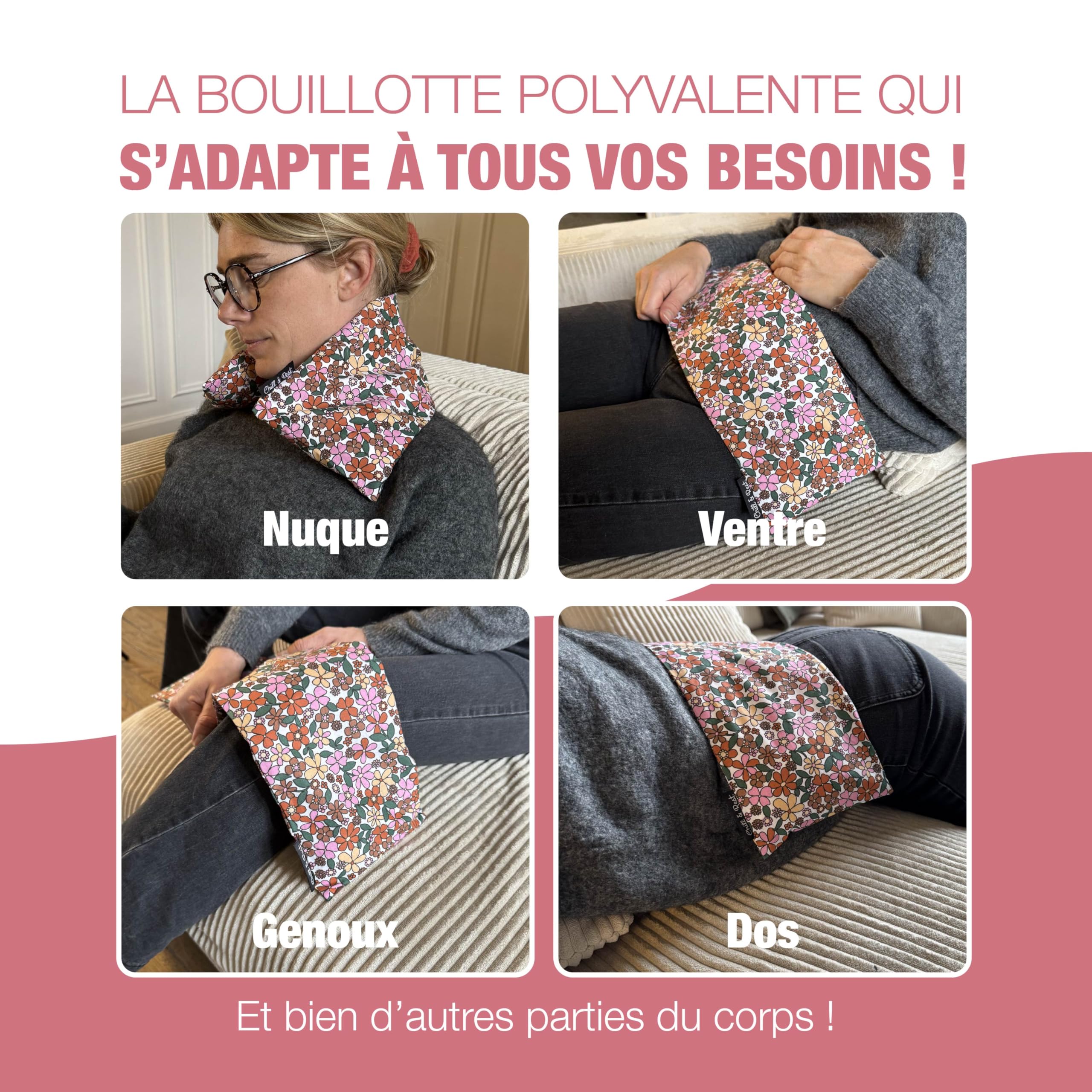 Chill&Rest - Bouillotte longue micro-onde déhoussable - Fabriquée en France - Coussin chauffant cervicales - Bouillotte seche - Ceinture chauffante règle douloureuse - Tour de cou chauffant-La Florale