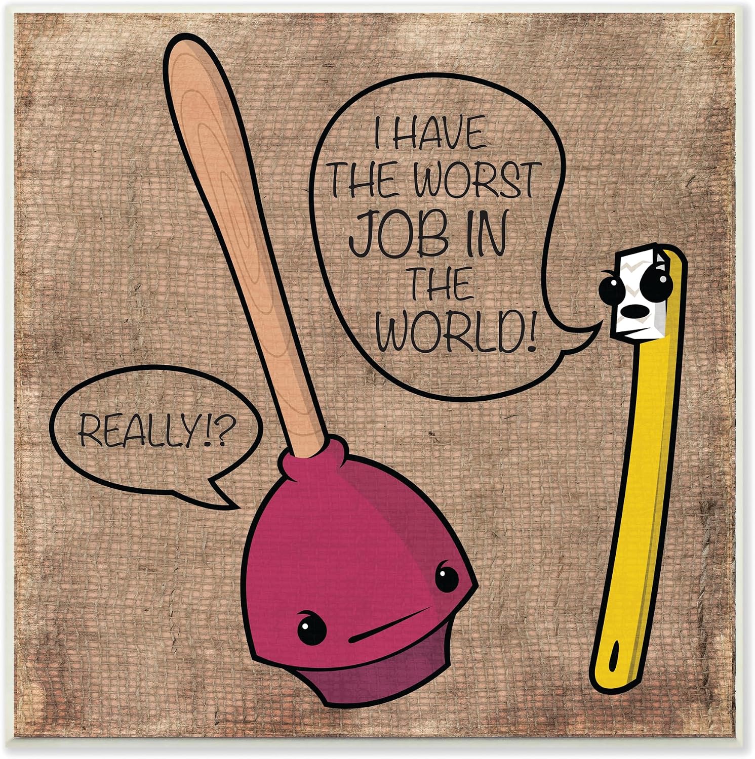 Toothbrush Plunger Cartoon, 12 x 12 Inch Mounted Print on Wall Plaque