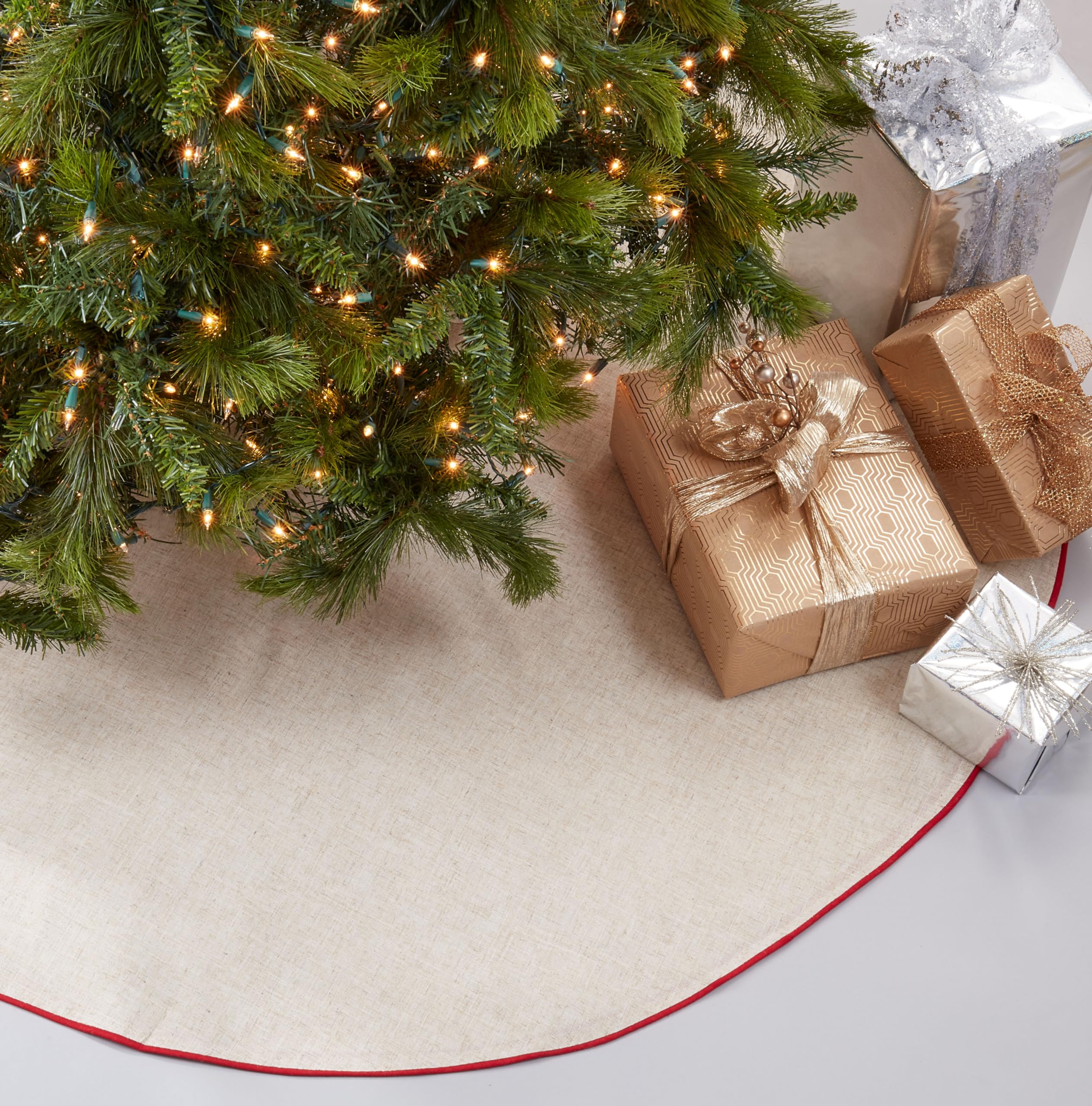 SARO LIFESTYLE Linen Christmas Tree Skirt – Toscana Collection – Natural with Red Piping – Classic Holiday Farmhouse Décor, 72", Red
