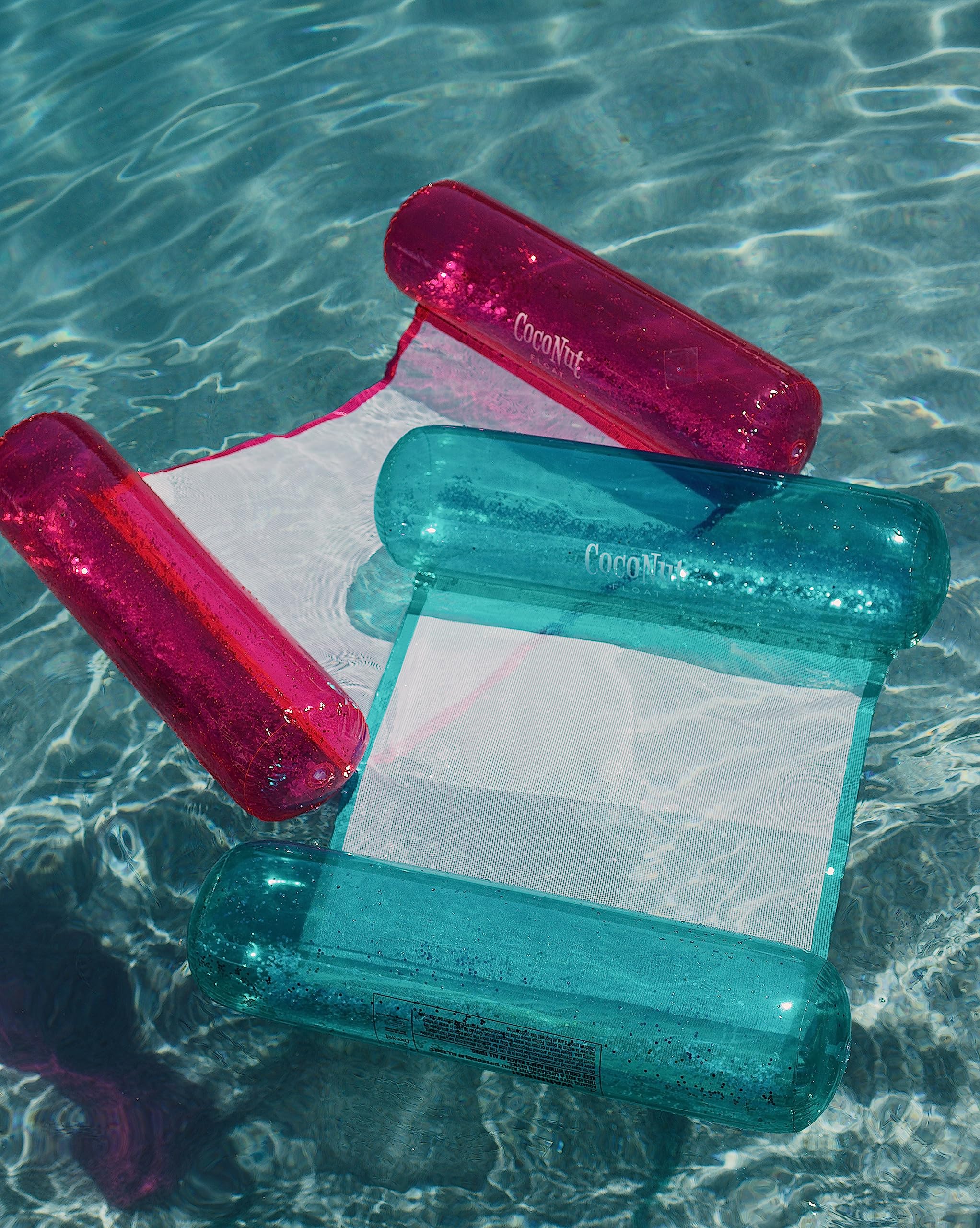 Coconut Outdoor Pink Glitter Hammock Pool Lounger - Adult Size Multi-Purpose Inflatable Drifter, Saddle Float & Lounge Chair - Versatile Ride-On for Summer & Swim Parties