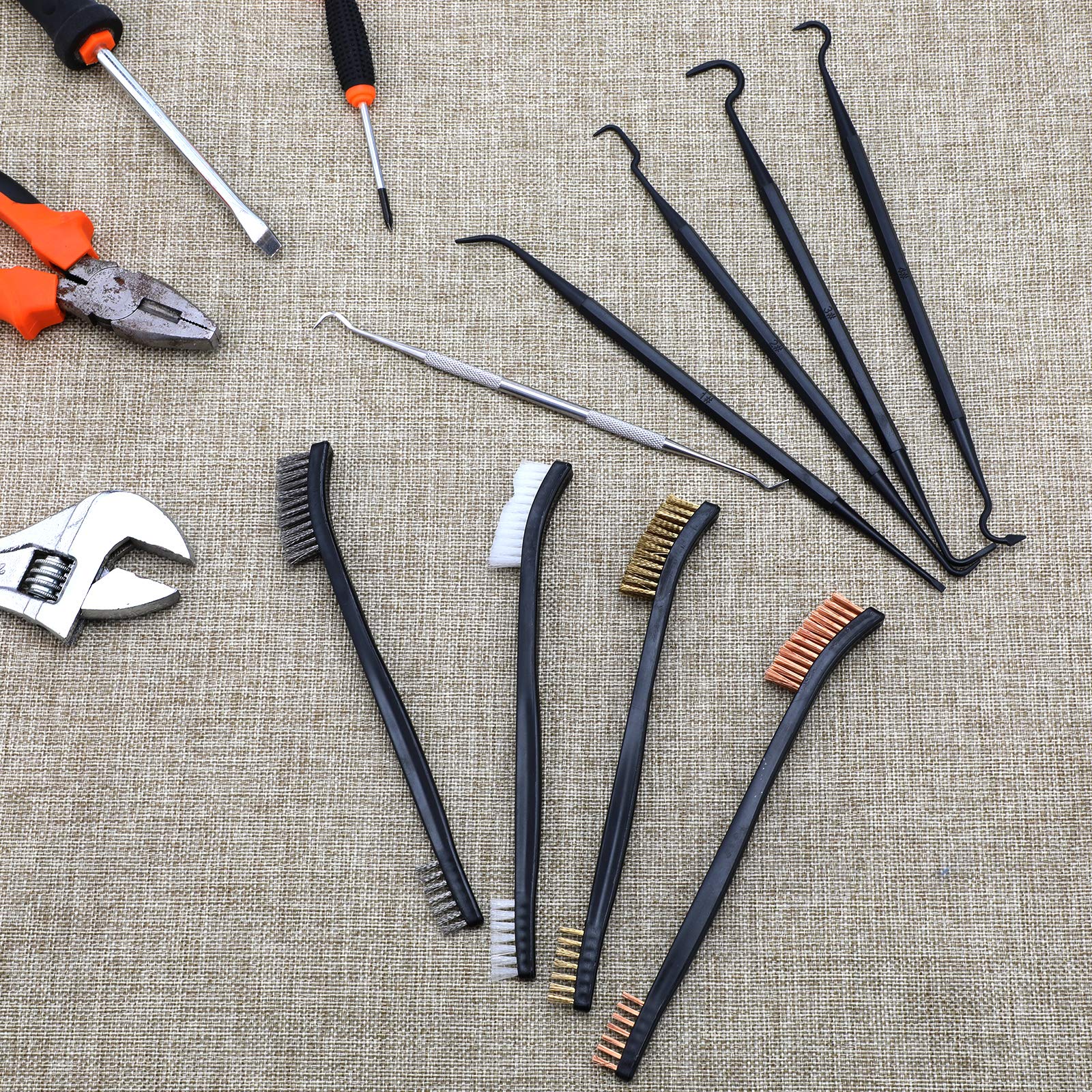 AIEX 9 Stuks Mini-Draadborstel & Pick Set, Dubbelzijdige Messing Koperen Nylon Stalen Borstel en Ploymer Metalen Plectrums voor Het Reinigen Van Lasslakken en Roest