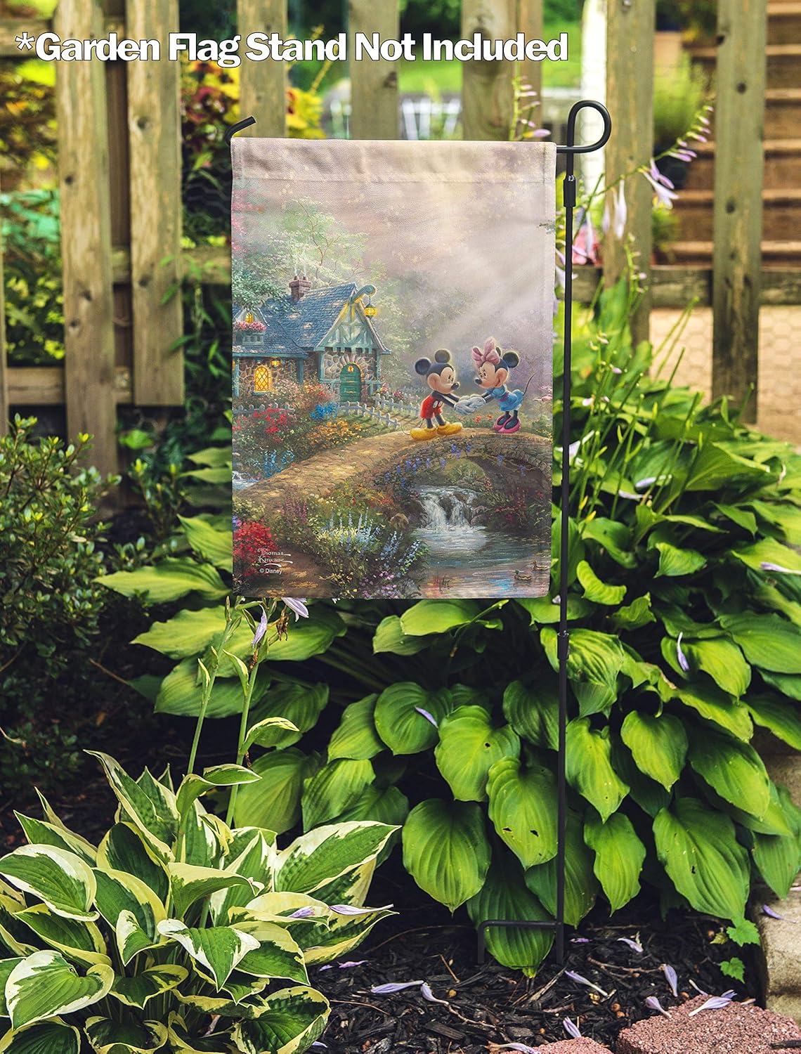 Flagology, Thomas Kinkade Disney Mickey Mouse & Minnie Mouse, Mickey and Minnie Sweetheart Bridge – Garden Flag 12" x 18", Outdoor, Officially Licensed Disney