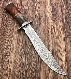 Handmade Damascus Steel 15.25 Inches Bowie Knife - Solid Marindi Wood/Bone Handle(Case/Knife may vary slightly) (REG-49) - Poshland