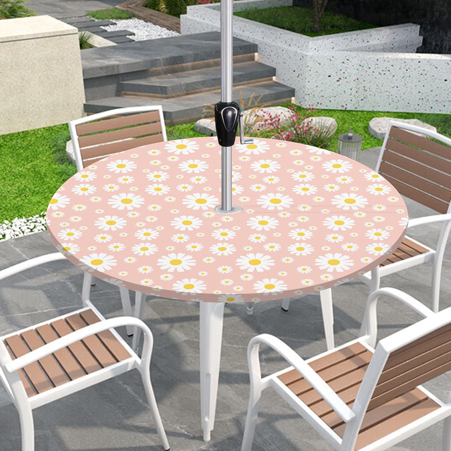 Daisy Flowers Pink Outdoor Tablecloth with Umbrella Hole Round Waterproof Fitted Zippered Table Cover with Elastic for Picnic, Patio, Garden (45-56 in)