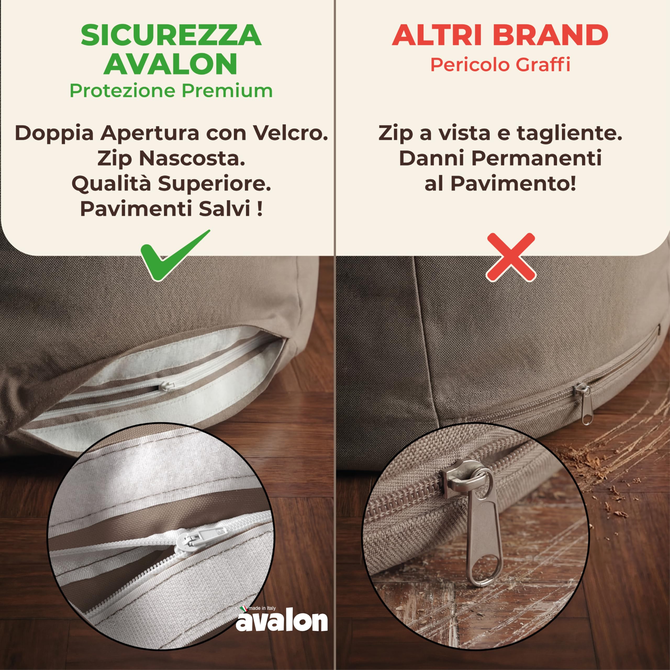 Avalon - Puff Poltrona Sacco Grande SOFTY 80×80×H75cm Sfoderabile, Pouf Sacco di Qualità Sartoriale, Bean Bag per Sedersi Ergonomico, Tessuto Antistrappo Impermeabile, Made in Italy(Tortora)