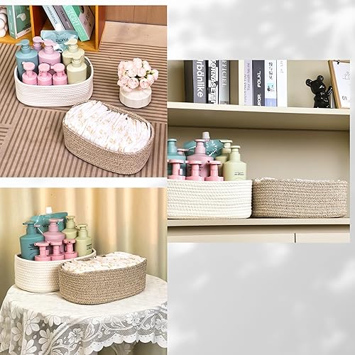 Miniatura 6 de Cesta de almacenamiento tejida pequeña, cestas de almacenamiento medianas, mini cesta de cuerda de algodón, para estantes, guardería, oficina, baño