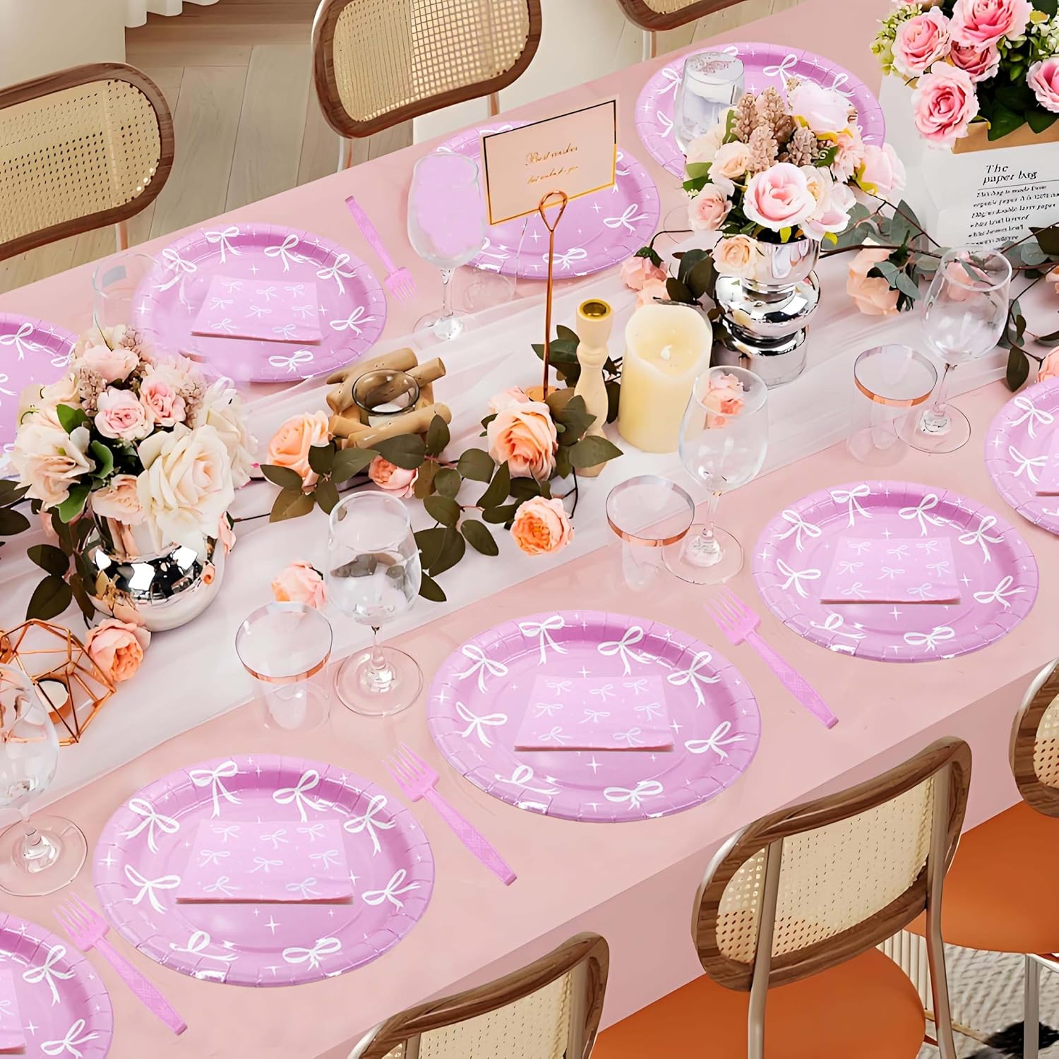 96Pcs Pink Bow Birthday Party Supplies, Disposable Tableware Set Include Plates and Napkins Pink Forks for Serve 24 Guests, Bachelorette Bridal Engagement Baby Shower - Image 6