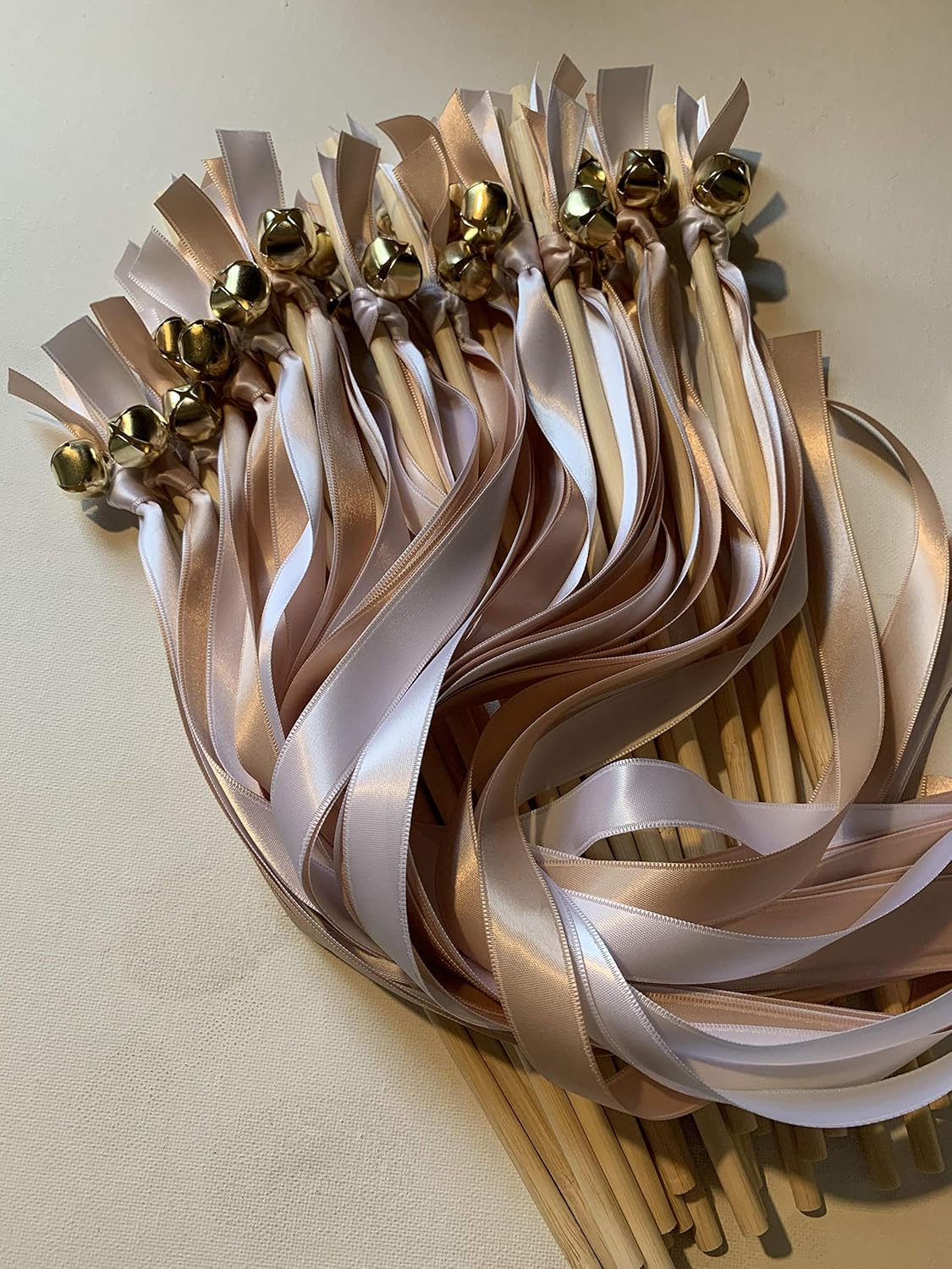Blush and White Ribbon Wedding Wand with Gold Bell 25