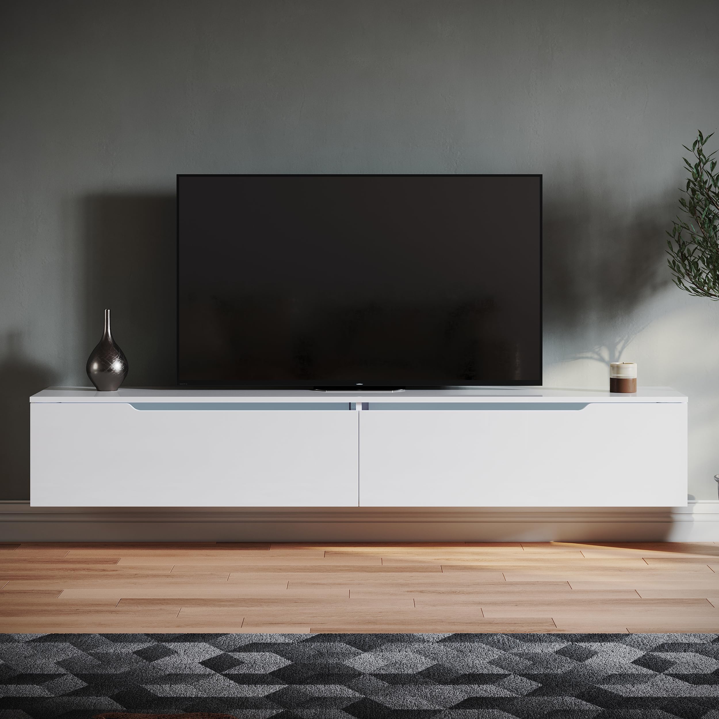 SONNI TV Schank, Lowboard Weiß Hochglanz hängend 180x35x30cm mit LED-Beleuchtung(12 Farben können eingestellt werden), Griffloses Design, TV Board, Fernseherschank, Fernsehtisch, TV-Regal. GTV009W-180