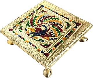 Purpledip Mały drewniany stojak stołek Chowki z wykwintnym obrazem Meenakari do umieszczania posągów, idolów, 14 x 14 cm (10204)