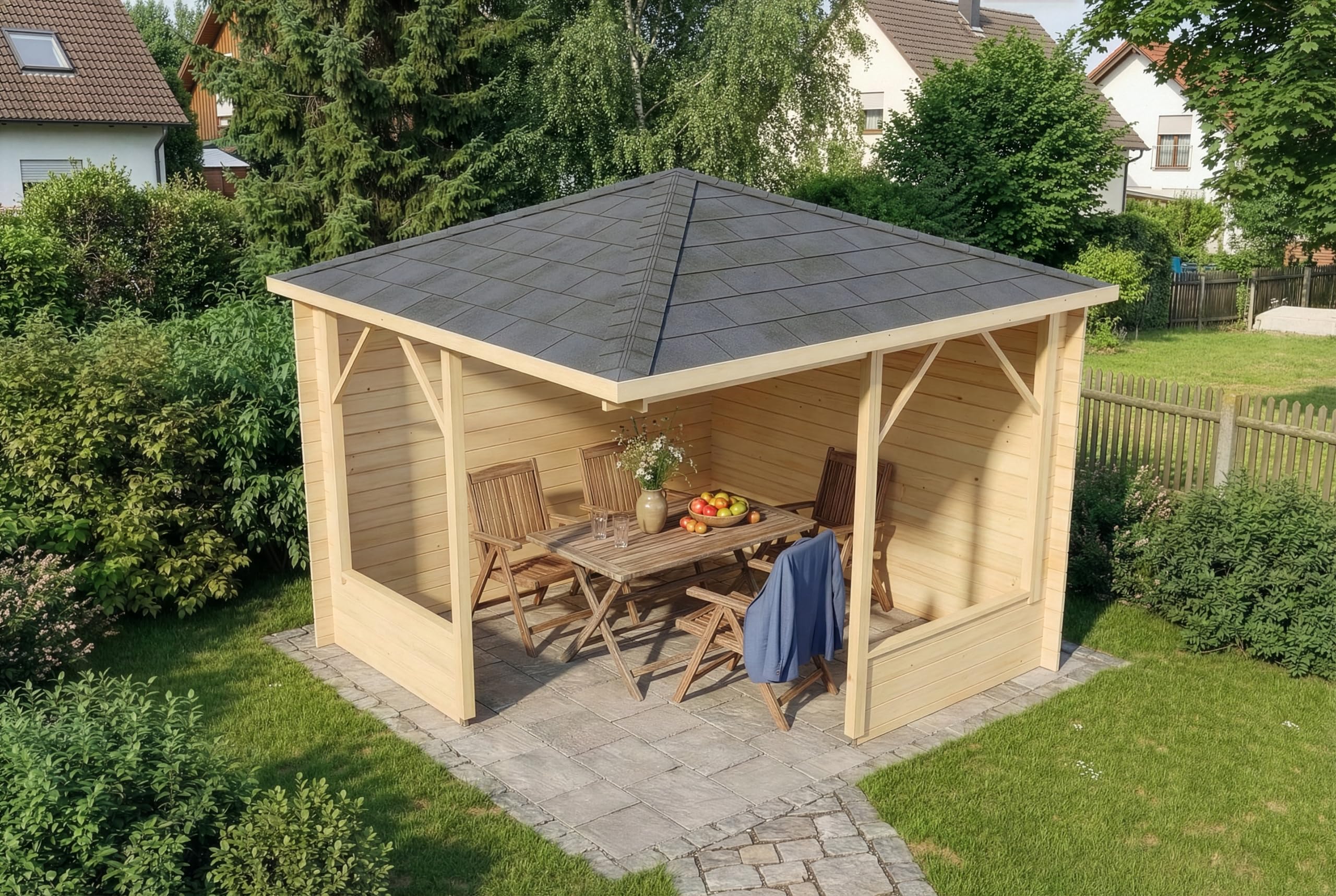 Alpholz 5-Eck Pavillon Maik-28 aus naturbelassenem Holz, 300 x 300cm mit 28 mm Wandstärke