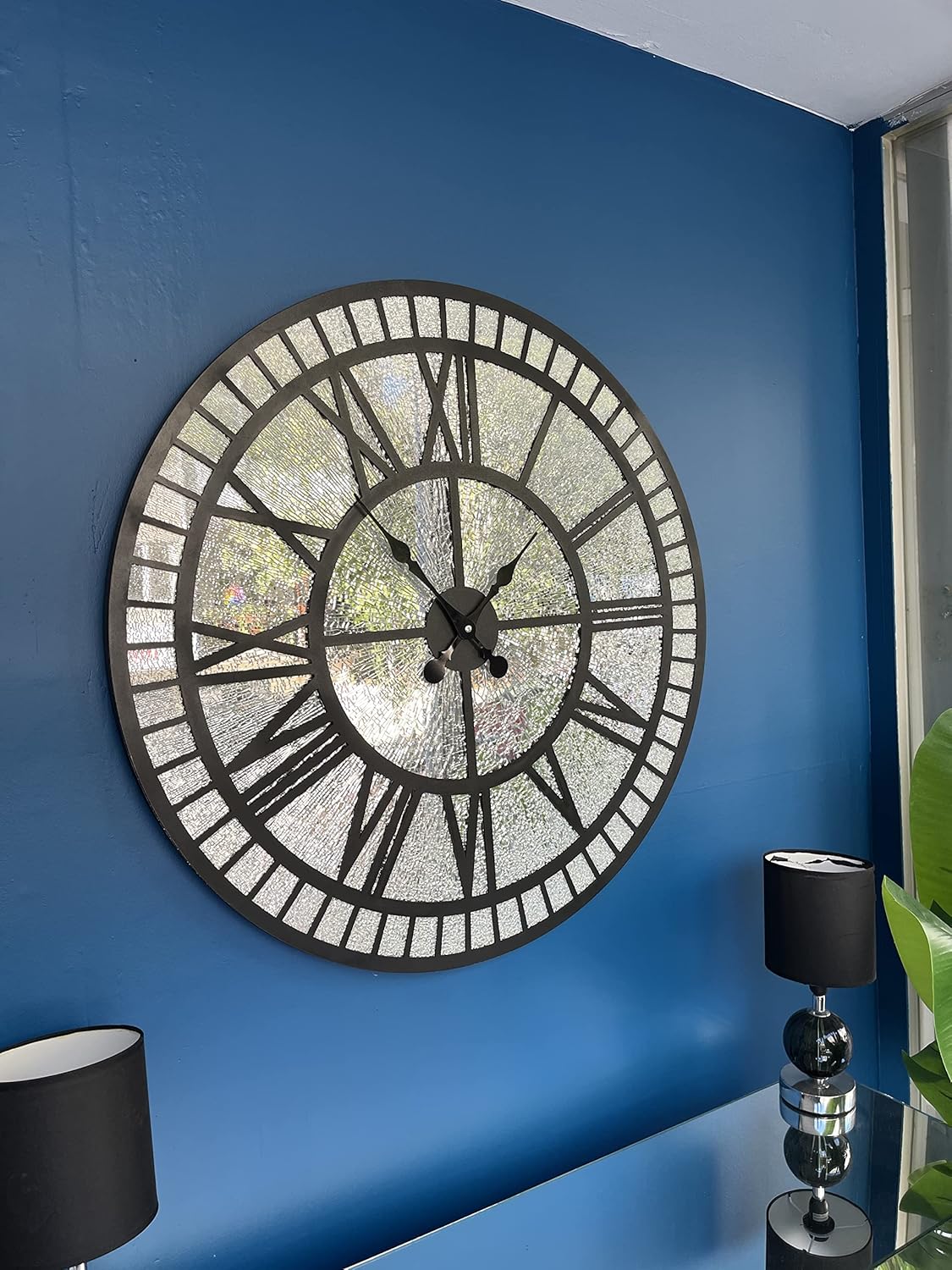 Black Large Mirrored Wall Clock,Diamond Effect Real Mirror