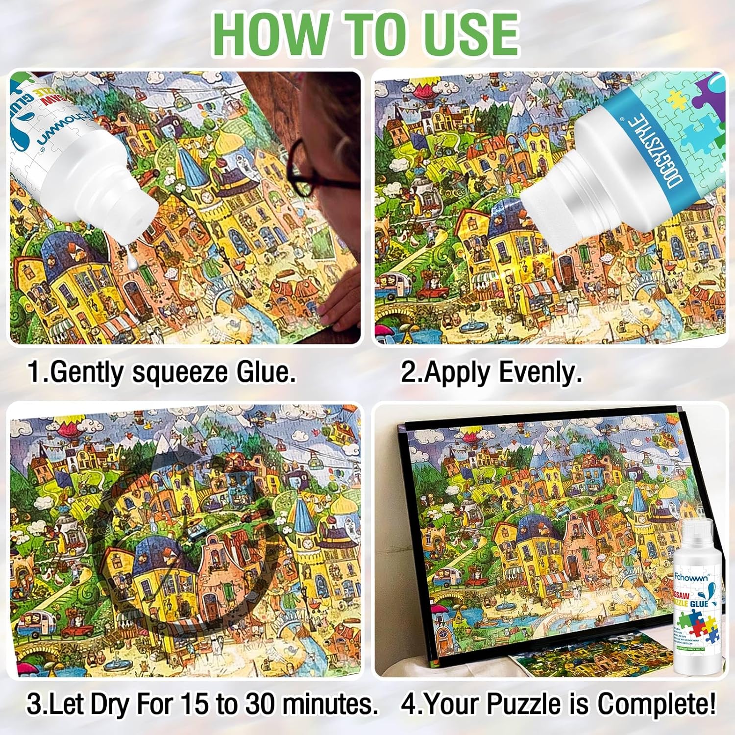 2 * 120ml/4.06fl oz Jigsaw Puzzle Glue Clear,Updated Jigsaw Puzzle Glue with New Sponge Head,Non Toxic and Fast Drying,Easy to Use Adhesive for Preserving Puzzle Art Enrich Your Puzzle Experience