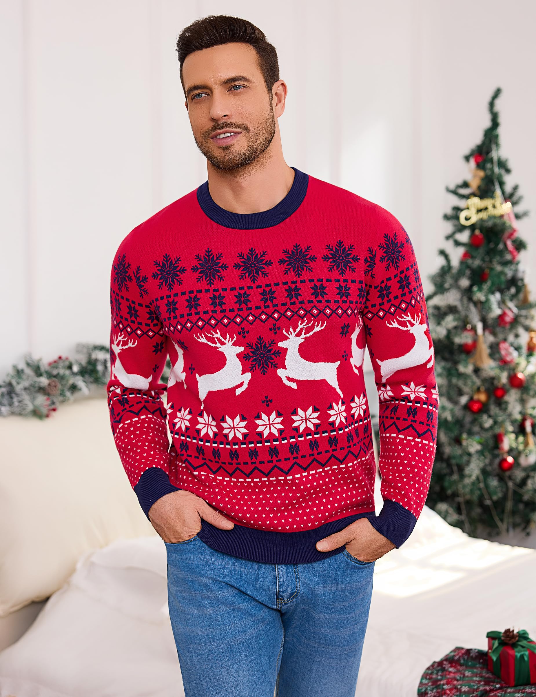 Litherday Jersey de Navidad para Hombre Ugly Christmas Sweater Divertido Jersey de Navidad Cuello Redondo Jerseys de Punto con Copo de Nieve para Navidad Fiesta