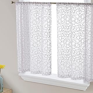 HLC.ME Audrey Embroidered Sheer Voile Window Curtain Short Rod Pocket Tiers for Kitchen, Bedroom, Small Windows and Bathroom (30 x 36 inch Long, Silver Grey)