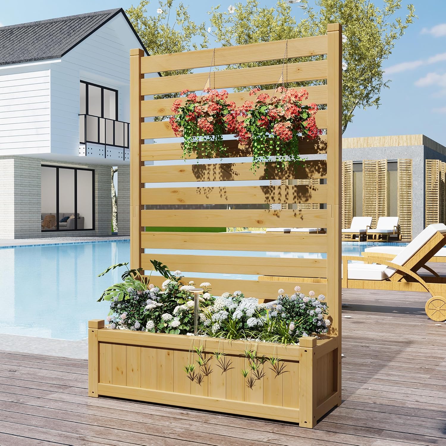 Solid Wood Outdoor Privacy Fence Screen with Planter Box, No-Dig Design with Drainage Holes (Natural, 41" L x 16" W x 72" H)
