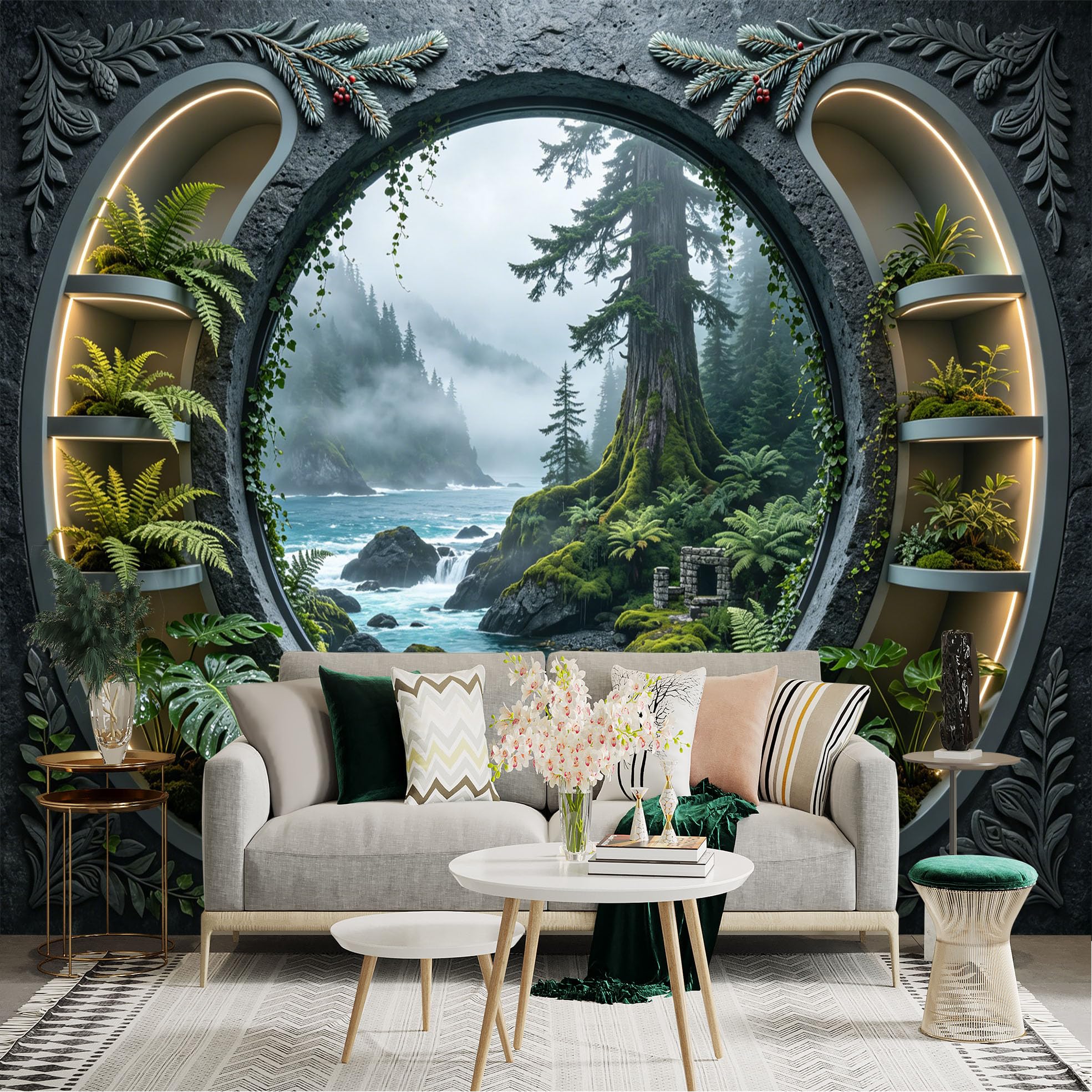 Custom Size Wall Sticker Mural， Misty Forest with Waterfall， River and Green Ferns， for wall Decoration， peelandstick wall Decals.